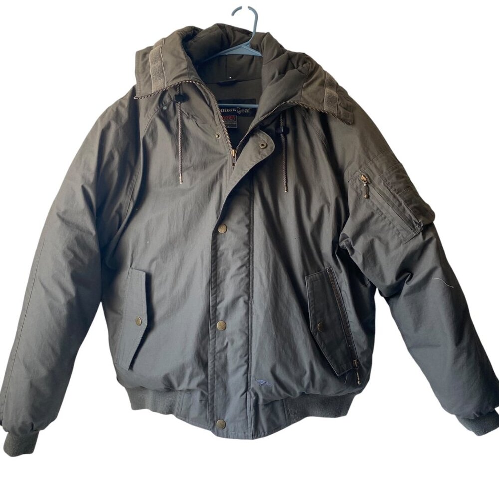 Adventure Gear Mens Size L‎ Down Puffer Jacket Parka Hood Green Pockets Aviator